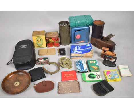 A Collection of Curios to Include Vintage Grater, Tins, Woodblock Plane, Bentley Oil Bag, Novelty and Risque Playing Cards, F