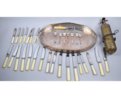 An Oval Silver Plated Two Handled Gallery Tray, Collection of Bone Handled Knives and a Vintage Brass Fire Extinguisher 