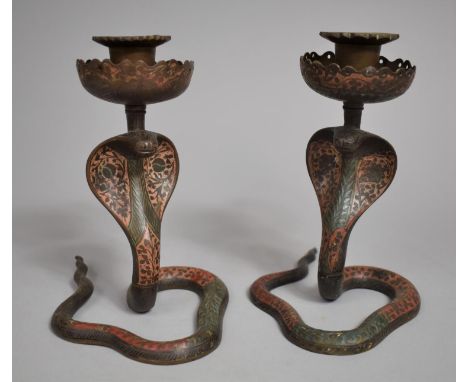 A Pair of Indian Brass Candlesticks in the Form of Cobra with Coloured Enamel Decoration, 16cm high 
