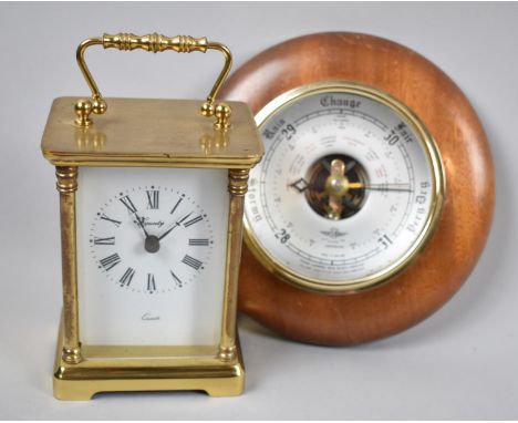 A Modern Brass Cased Carriage Clock with Battery Movement Together with a Circular Aneroid Barometer 