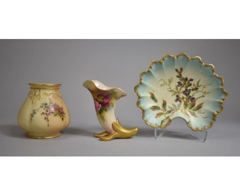 A Royal Worcester Blush Ivory Vase, Royal Worcester Cornucopia and Floral Decorated Kidney Shaped Bowl 