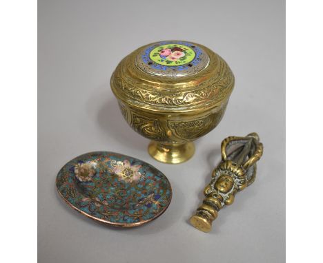 A Small Cloisonne Item, Cast Bronze Mask Head Seal and a Small Enamelled Lidded Censer 