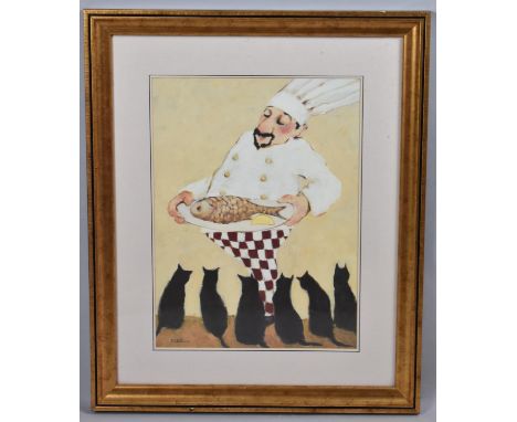 A Framed Print of Chef with Fish and Cats, 28x38cm 