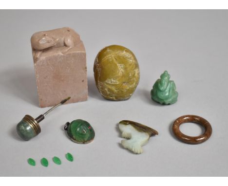 A Collection of Various Jade, Soapstone etc to Include Seal, Fish Ornament, Disk (AF), Snuff Bottle Stopper, Pendant etc 