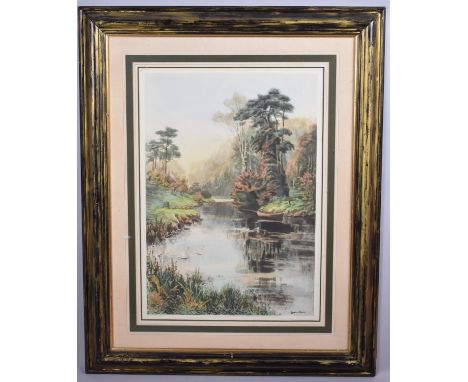 A Framed Douglas Adams Print, Swans on River, 42x62xm 