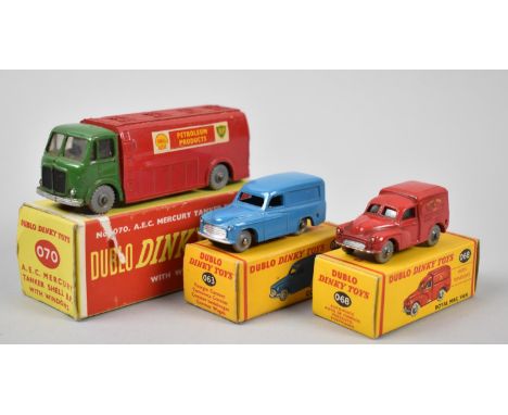 Three Boxed Dublo Dinky Toys, Van 063, Royal Mail Van 068 and AEC Mercury Tanker Shell BP with Windows 070 