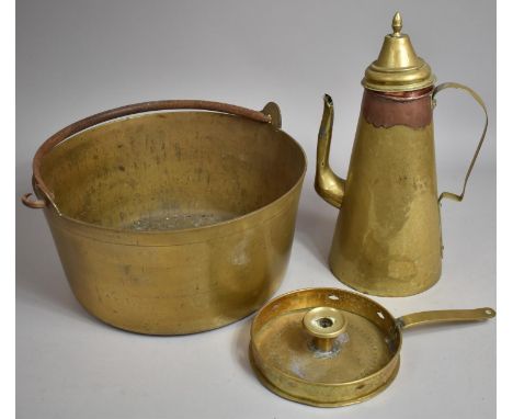 A Brass Jam Kettle with Iron Loop Handle together with a Brass Chamber Stick and a Brass and Copper Coffee Pot (AF) 