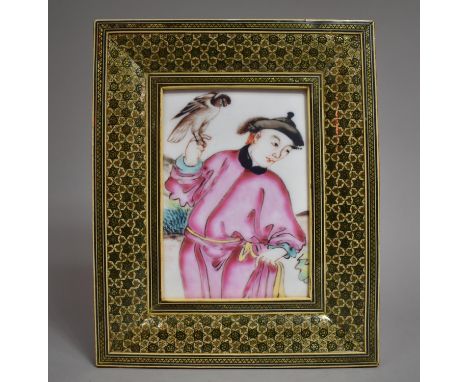 A Visakhapatnam Style Photo Frame Containing Chinese Print of Noble with Hawk, 27x12cm 