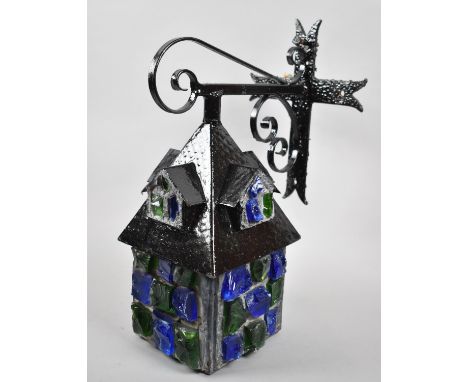 A Md 20th Century Wrought Iron Wall Hanging Lantern with Blue and Green Glass Shade, Architectural Form, 39cm high 