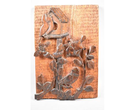 A Carved Wooden Panel Depicting Birds Beside Nestbox, 27cm x 40cm 