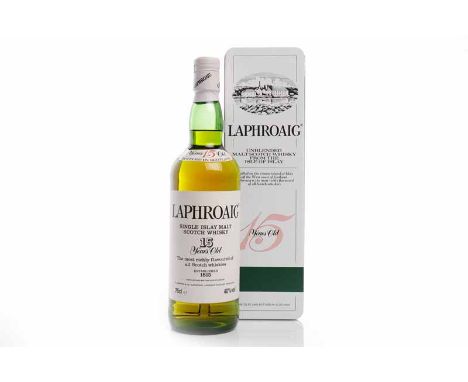 LAPHROAIG 15 YEARS OLD - PRE-ROYAL WARRANTIslay Single Malt Scotch Whisky. Distilled and bottled in Scotland by D. Johnston &