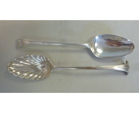 Two George III silver Onslow pattern tablespoons; one Robert Sallam  London 1767; the other with a shell shaped bowl  London 