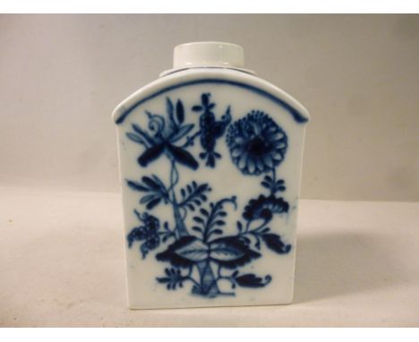 A late 19thC Meissen porcelain tea caddy of shouldered box design, decorated in blue and white in the Onion pattern  4.25''h 