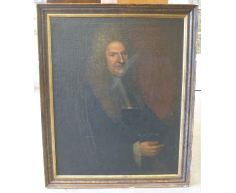 Late 18thC British School - a half length portrait, a gentleman wearing a long curly grey wig, a black jacket and white cuffs