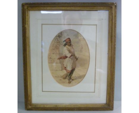 GE Hicks - a full length portrait of a North African man begging, holding a broom in an English street scene  watercolour  be