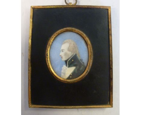 An early 19thC head and shoulders, oval portrait miniature, a gentleman wearing a grey wig, white ruff shirt and black jacket