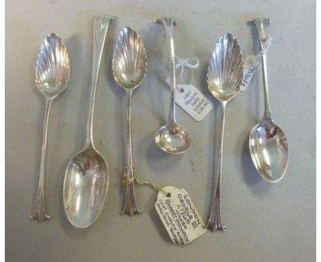 Six George III silver Onslow pattern spoons; three teaspoons with shell shaped bowls  RS  marks rubbed; a mustard spoon  Mary