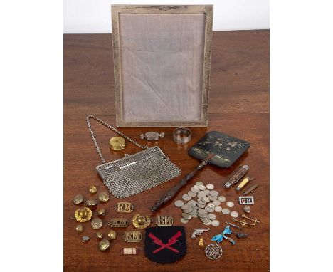 Selection of items miscellaneous items comprising of: a large silver photo frame, 28.5cm x 23cm, pre-decimal coins, stainless