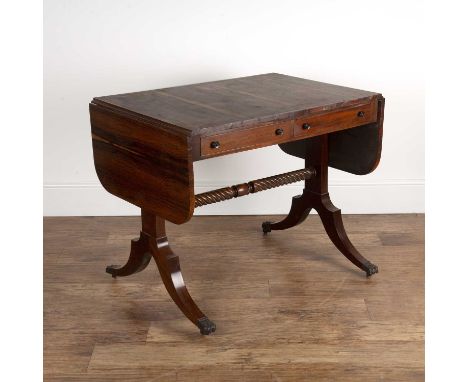 Rosewood veneered and mahogany sofa tablein the Regency style, fitted two drawers with ring wooden turned handles, 154cm long
