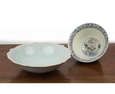 Two Ceramic itemsChinese, comprising of a Doucai 'Lotus pond' bowl, decorated with lotus plants growing out of a pond, with d
