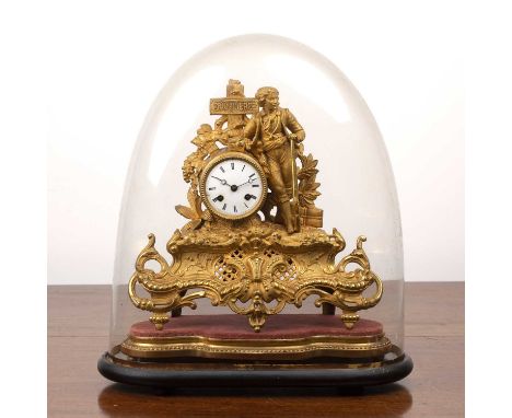 Gilt metal mantel clockFrench, 19th Century, with an enamel dial flanked by a figure leaning nonchalantly and with his restin
