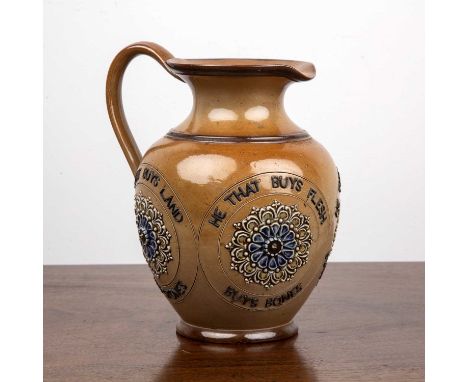 Royal Doulton Lambeth motto jugdecorated with repeating cartouche and verse 'He that buys land buys stone, he that buys flesh