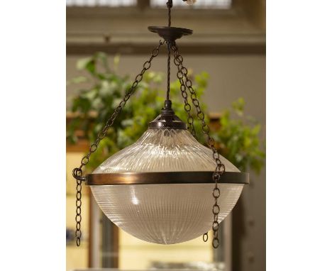 Holophane pendant light and shadecirca 1910, of ribbed form with metal pendant and mount, 36cm diameterSmall chip to edge rim