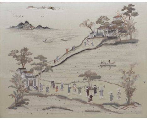 Large embroidered silk panelChinese, early 20th Century, depicting an extensive lake landscape scene, with musicians and othe