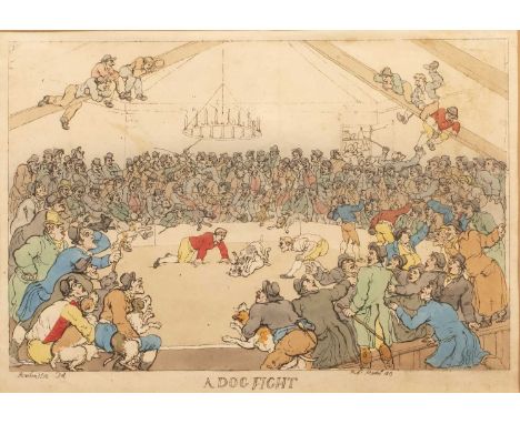 After Thomas Rowlandson (1757-1827) 'A dog fight', hand coloured print, 23cm x 33cm and another by the same 'Sports of a Coun