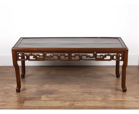 Chinese Hardwood low table19th Century, with scroll frieze and shaped supports, 127cm long, 56cm deep, 52cm highOverall signs