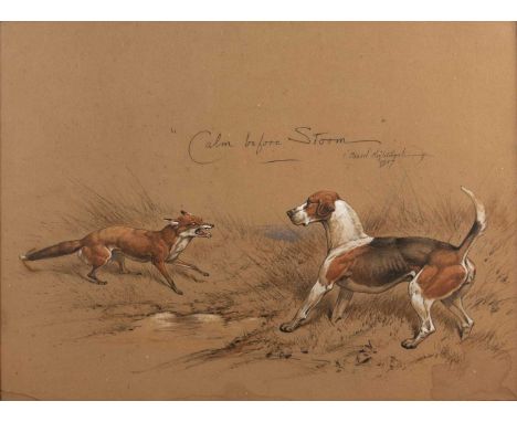 Basil Nightingale (1864-1940) 'Calm before the storm' study of a fox and hound, graphite and gouache sketch, signed and dated