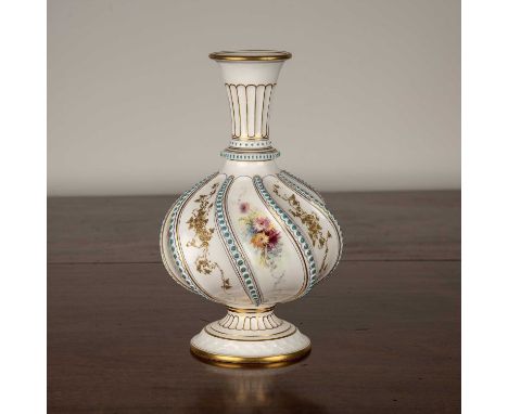 Royal Worcester porcelain vase the body of wrythen form decorated with handpainted flowers and gilt leaves, puce mark to the 