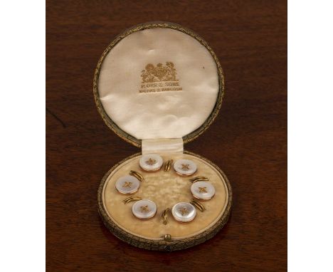 Cased 9ct gold stud setwith mother of pearl button top, bearing marks for '9ct Cornelius Desormeaux Saunders & James Francis 