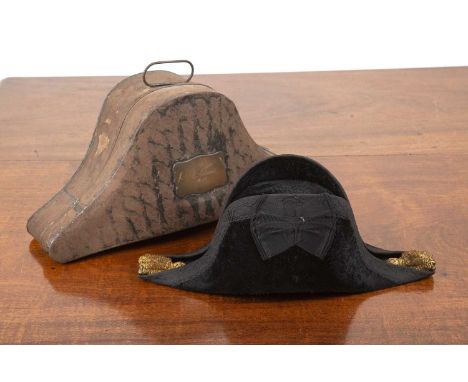 Royal Navy officer's bicorn cocked hat in metal case/box (Militaria Interest) the inside of the black hat marked 'Gieves Ltd,