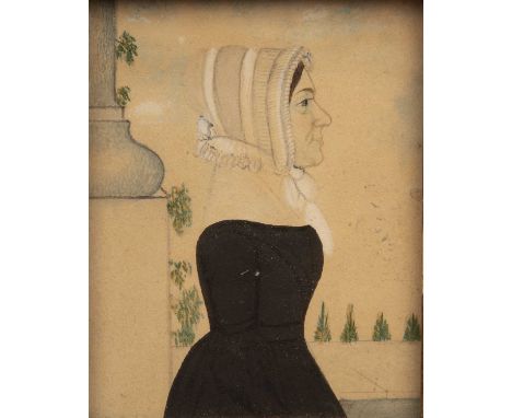 Miniature pen, ink and watercolour naive portrait of a lady19th Century, in a gilt frame, marked to the back 'The Carr family