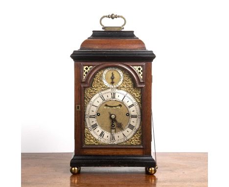 Parcel ebonised and mahogany bracket or table clock,18th Century, the break arch brass dial with silvered Roman chapter ring,