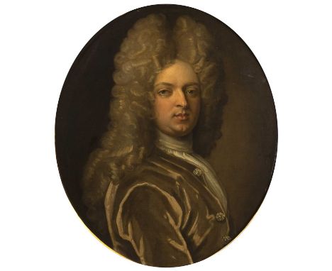 After Godfrey Kneller (1646-1723)Oval portrait of a nobleman wearing a green frockcoat, oil on canvas, unsigned, in oval gilt