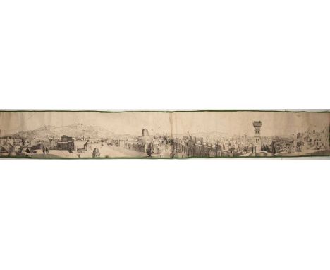Monochrome print hand scroll of a Middle eastern cityprobably late 19th Century, on a linen backing, 137cm x 19cm approxWith 
