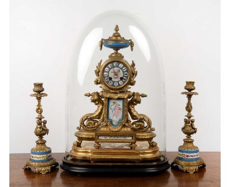 Phillipe H Mourey (P.H. Mourey) three piece clock garniture set French, 19th Century, gilt metal clock, the porcelain face, d