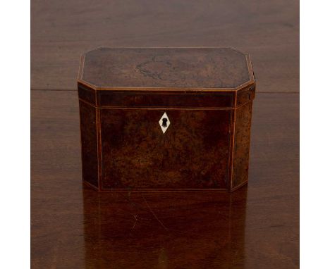 Yewood and burr Yew wood tea caddy19th Century, with canted corners and box wood inlay, ivory lozenge escutcheon and compartm