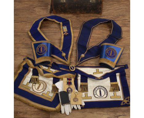 Collection of Masonic itemsfrom the East Lancashire Lodge, comprising of a cased set of gauntlets, apron, gloves, neck garnit