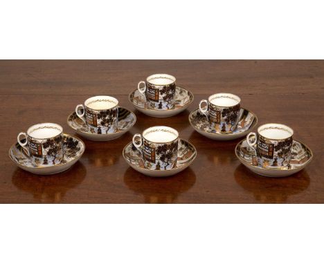 New Hall porcelain Early 19th Century, set of six coffee cans and saucers in the 1163 Imari chinoiserie pattern, saucers 14cm