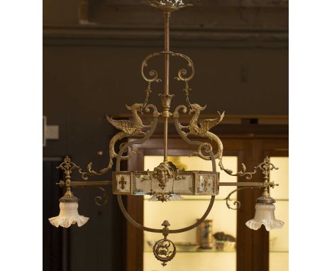 Pendant three branch ceiling lightearly 20th Century, bronzed brass and glass fittings, with three glass shades, decorated wi