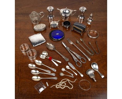 Collection of silver and silver plated warecomprising of: a pair of silver salt and pepper grinders, 9.5cm high, a Georgian s