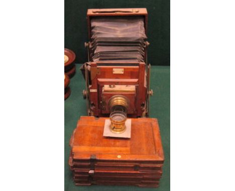 MAHOGANY BELLOWS CAMERA- THE SANDERSON, LONDON (JUNIOR MODEL).  ALSO FIVE MAHOGANY NEGATIVE CASES PLUS EXTRA LENS AND TRIPOD 