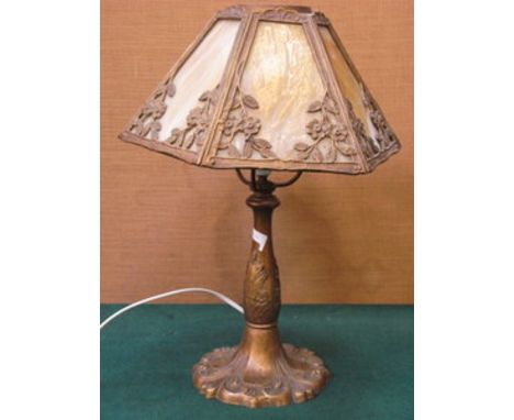 VICTORIAN STYLE GILT METAL TABLE LAMP WITH MARBLED GLASS AND GILT METAL SHADE 