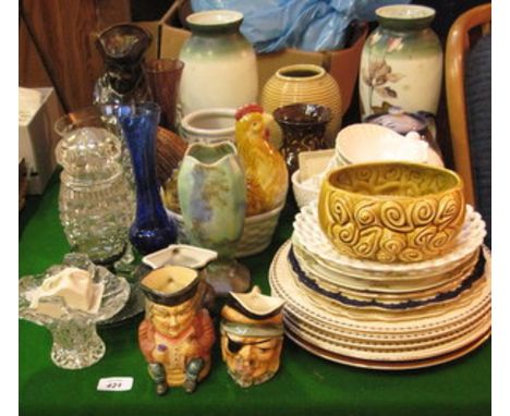 LARGE PARCEL OF VARIOUS CERAMICS AND GLASS INCLUDING CHARACTER JUGS, VASES, PLATES, TEAPOT, ETC. 
