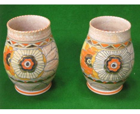 PAIR OF CHARLOTTE RHEAD CROWN DUCAL TUBE LINED FLORAL DECORATED GLAZED CERAMIC VASES, SIGNED TO BASE, APPROXIMATELY 15cm HIGH