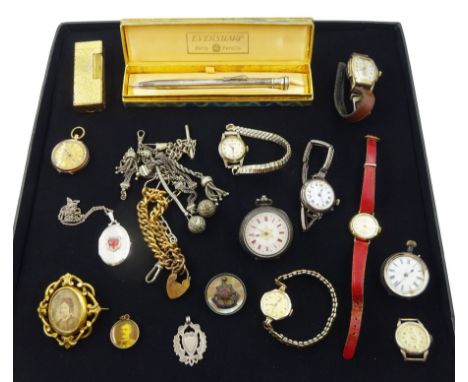 Art Deco Benrus gilt wristwatch, Dunhill gilt lighter, gold fob watch stamped 9K, two silver fob watches, silver wristwatch, 