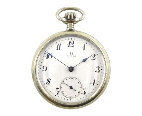 Nickle open face keyless lever pocket watch by Omega, No. 5347728, white enamel dial with Arabic numerals and subsidiary seco